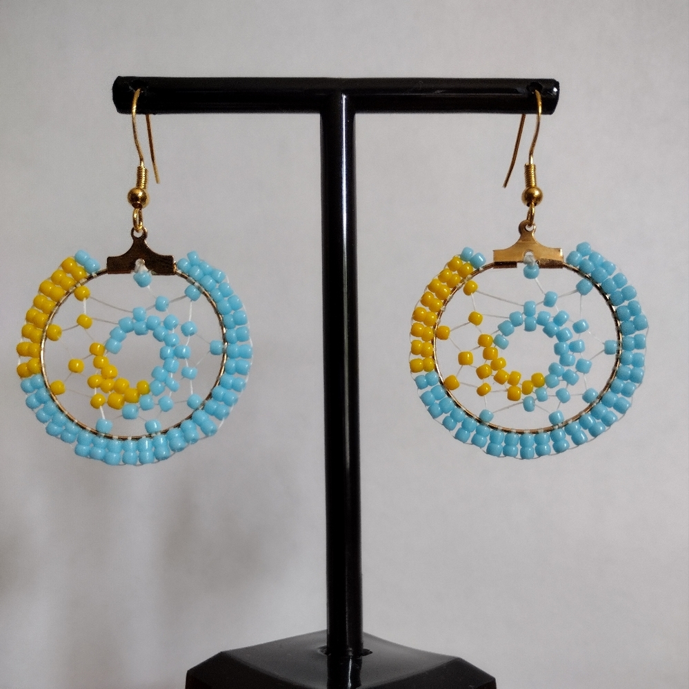 Trendy 2" Beaded Spiral Blue & Yellow Dream Catcher Hoop Dangle S925 Earrings